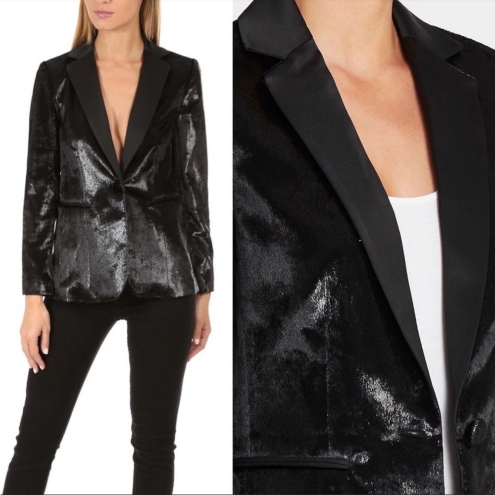 Frame Metallic Satin Single Button Blazer Tuxedo Jacket Black Sz 6 Org $625 - Picture 2 of 5